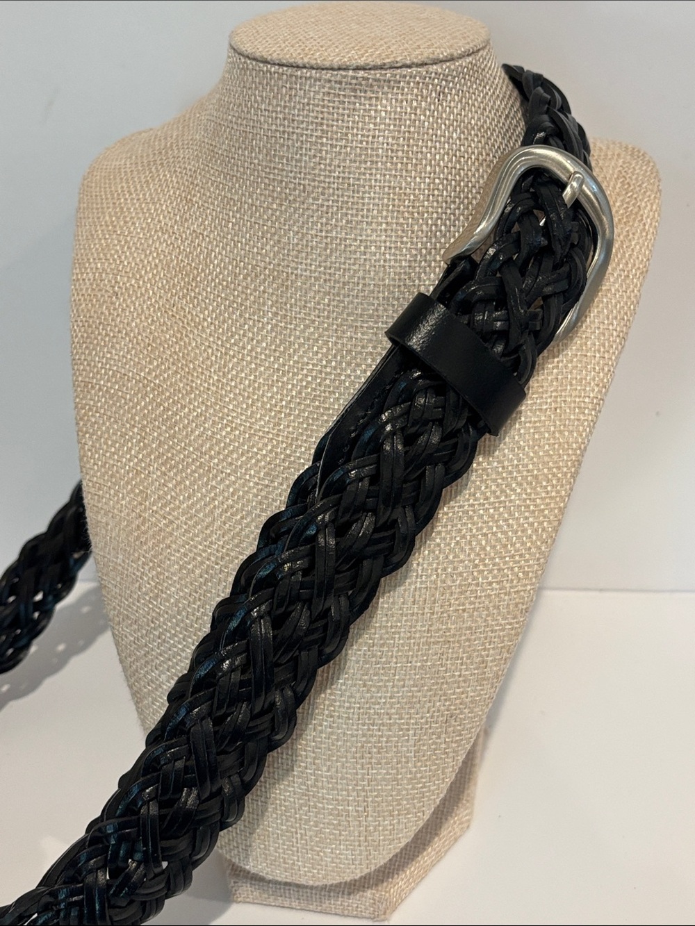 Men's Black Braided Leather Belt with Silver Buckle sz L